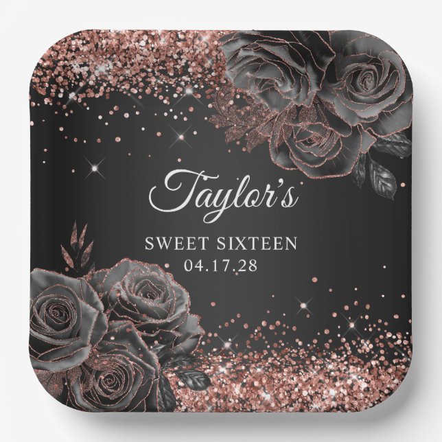 Glittery Rose Gold Schwarzer Blumenglam 16 . Gebur Pappteller (Vorderseite)
