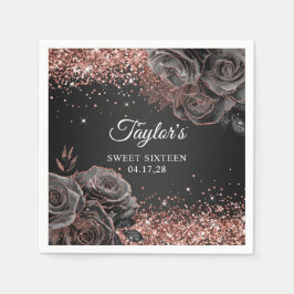 Glittery Rose Gold Schwarzer Blumenglam 16 . Gebur Serviette