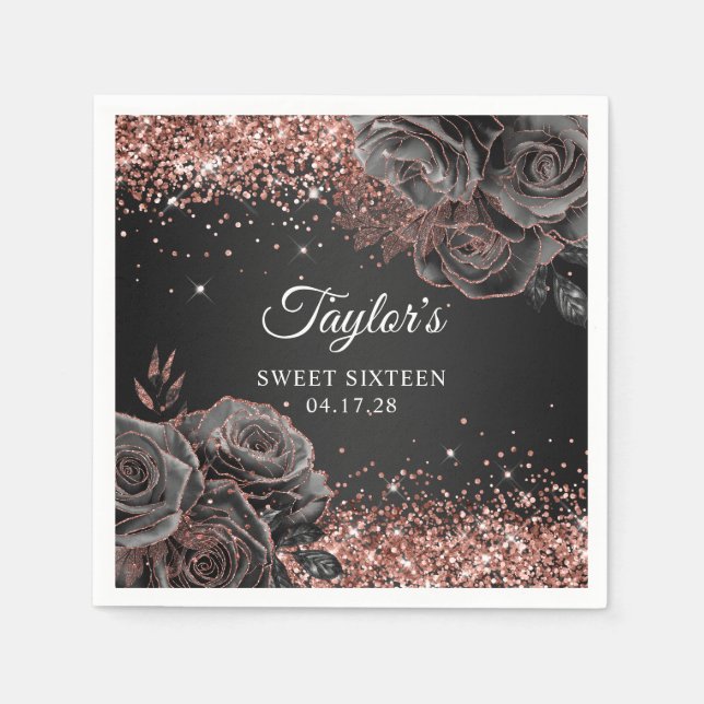 Glittery Rose Gold Schwarzer Blumenglam 16 . Gebur Serviette (Vorderseite)