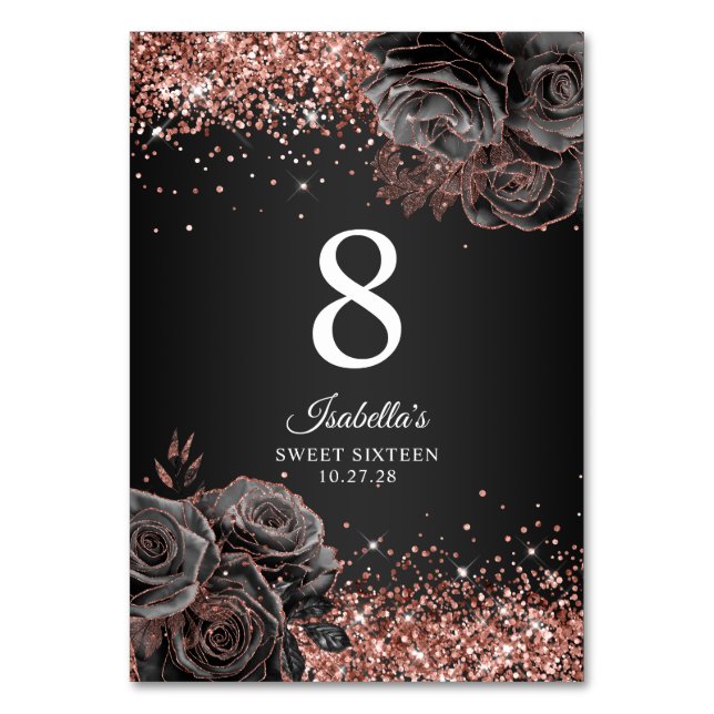 Glittery Rose Gold Schwarzer Blumenglam 16 . Gebur Tischnummer (Vorderseite)