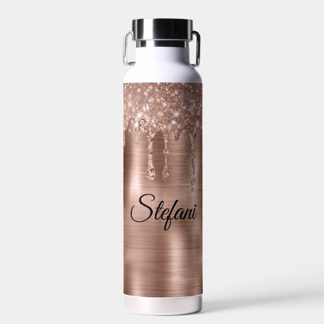 Glittery Rose Gold treibt zwei Namenskarten an Trinkflasche (Vorne)