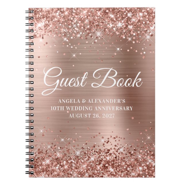 Glittery Rose Gold Wedding Anniversary Gästebuch Notizblock (Vorderseite)
