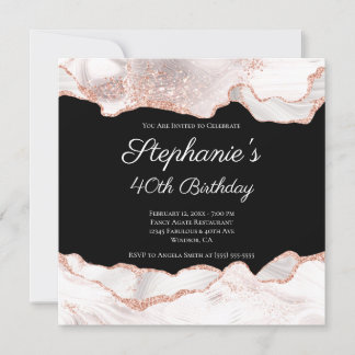 Glittery Rose Gold White Agate 40. Geburtstag Schw Einladung