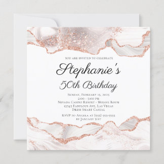Glittery Rose Gold White Agate 50. Geburtstag Einladung