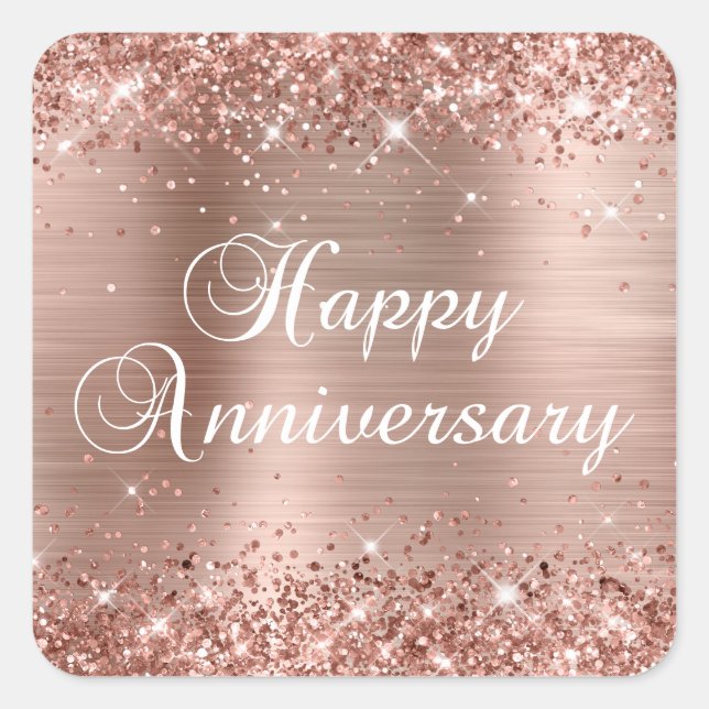 Glittery Rose Goldene Foil Fappy Jubiläum Quadratischer Aufkleber (Vorderseite)