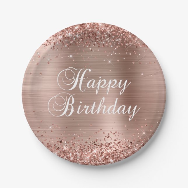 Glittery Rose Goldene Foil Happy Birthday Pappteller (Vorderseite)