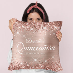 Glittery Rose Goldener Foil 15 Quinceañera Kissen
