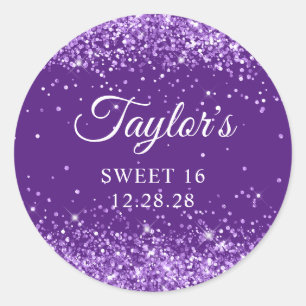 Glittery Royal Lila Sweet 16 Runder Aufkleber