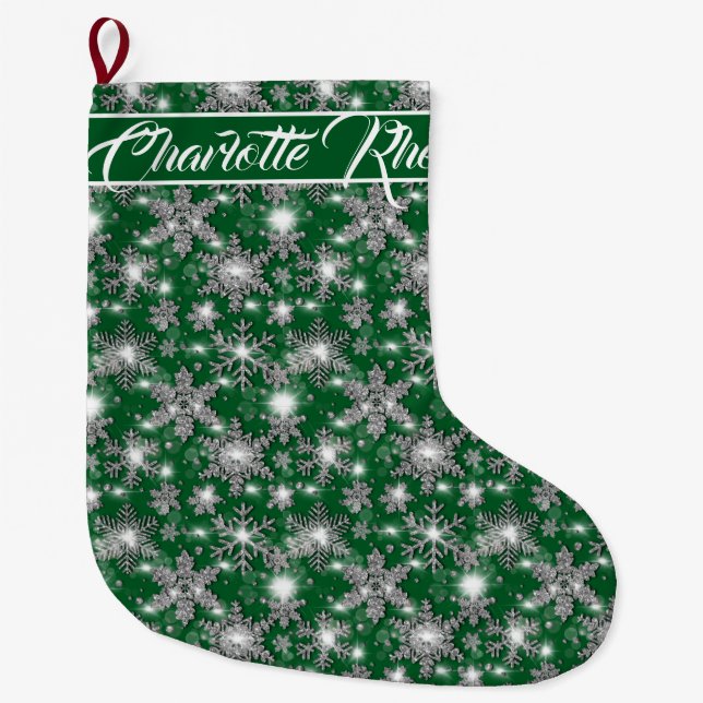 Glittery silbergrüne festliche Schneeflocken Muste Großer Weihnachtsstrumpf (Vorderseite)