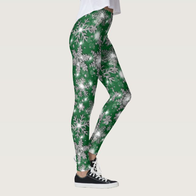 Glittery silbergrüne festliche Schneeflockenmuster Leggings (Rechts)