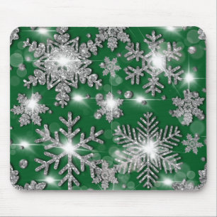 Glittery silbergrüne festliche Schneeflockenmuster Mousepad