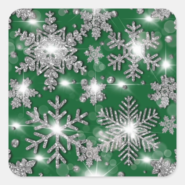Glittery silbergrüne festliche Schneeflockenmuster Quadratischer Aufkleber (Vorderseite)