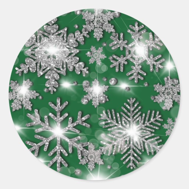 Glittery silbergrüne festliche Schneeflockenmuster Runder Aufkleber (Vorderseite)