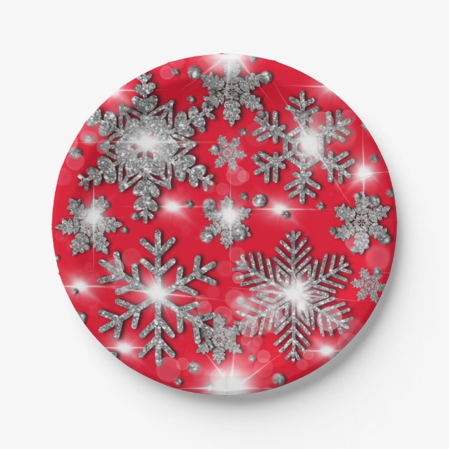 Glittery silberne festliche Schneeflockenmuster Pappteller (Vorderseite)