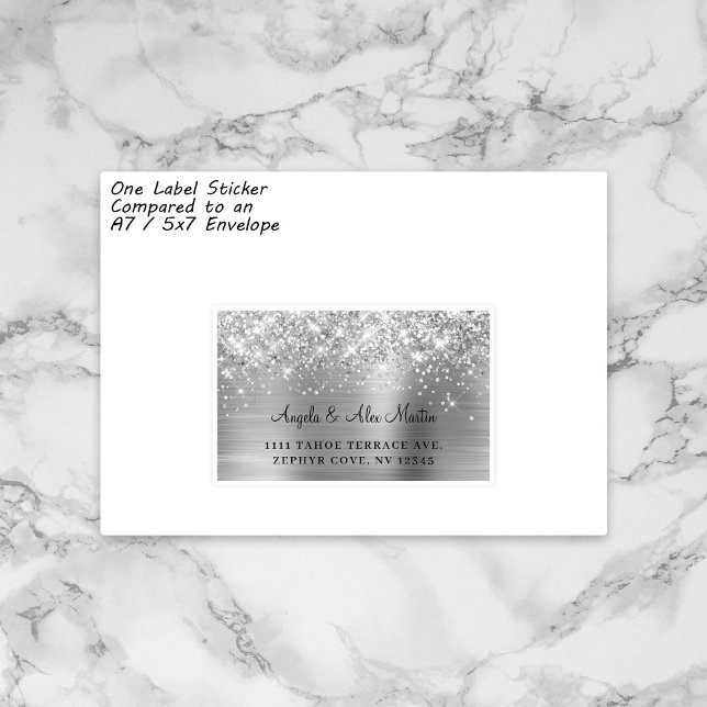 Glittery Silver 15 Guest Wedding Address Labels (Sample image of 1 sticker design from the sheet on an A7 or 5x7 invitation envelope.)
