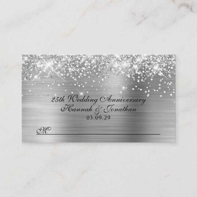 Glittery Silver 25. Hochzeitstag Platzkarte (Vorderseite)
