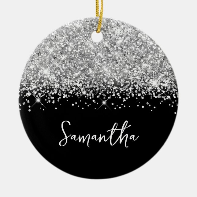 Glittery Silver and Black Glam Name Foto Keramik Ornament (Vorne)