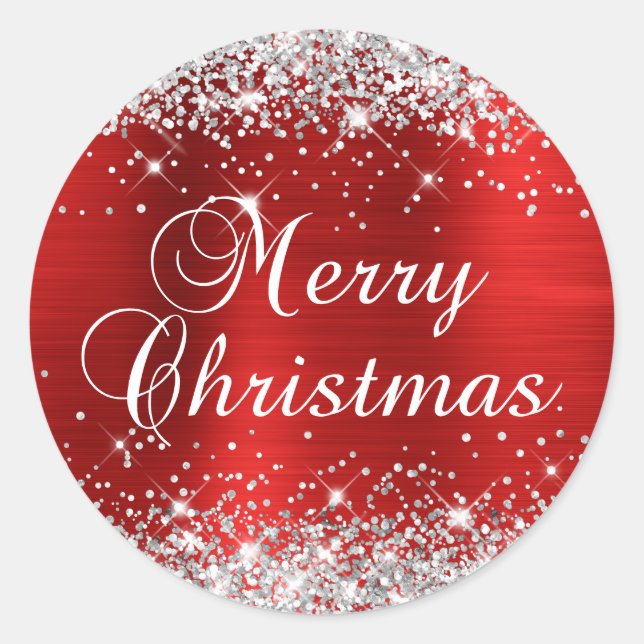 Glittery Silver and Red Foil Frohe Weihnachten Runder Aufkleber (Vorderseite)