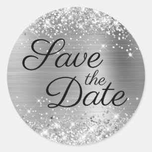 Glittery Silver Black Elegant Save the Date Runder Aufkleber