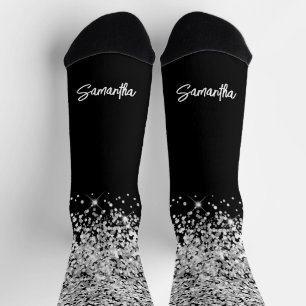 Glittery Silver Black Glam Pinselstrichname Socken