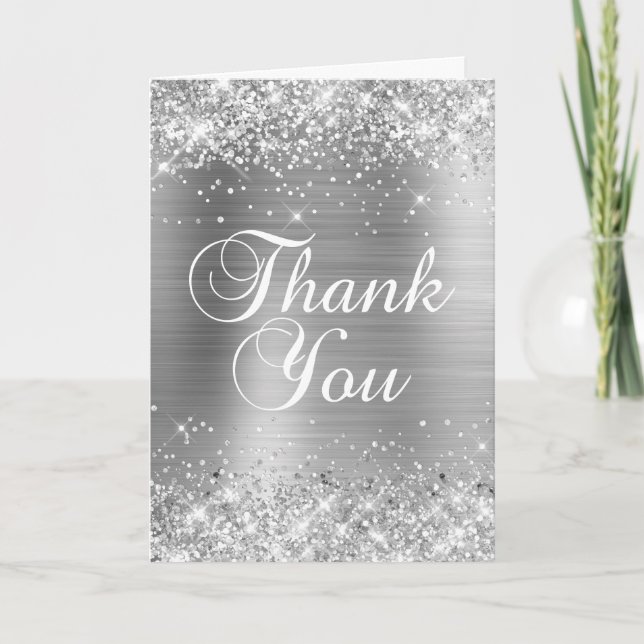 Glittery Silver Brushed Foil Classic Calligrafy Dankeskarte (Vorderseite)