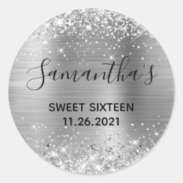 Glittery Silver Foil 16 . Geburtstag Runder Aufkleber