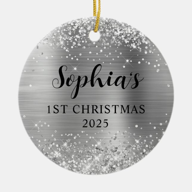 Glittery Silver Foil 1st Christmas Photo Keramik Ornament (Vorne)