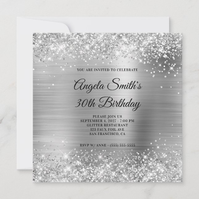 Glittery Silver Foil 30. Geburtstag Einladung (Vorderseite)