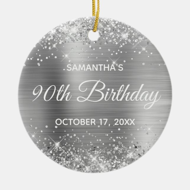 Glittery Silver Foil 90. Geburtstag Keramik Ornament (Vorne)