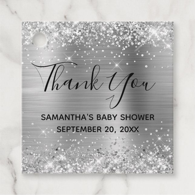 Glittery Silver Foil Baby Dusche Vielen Dank Geschenkanhänger (Vorderseite)