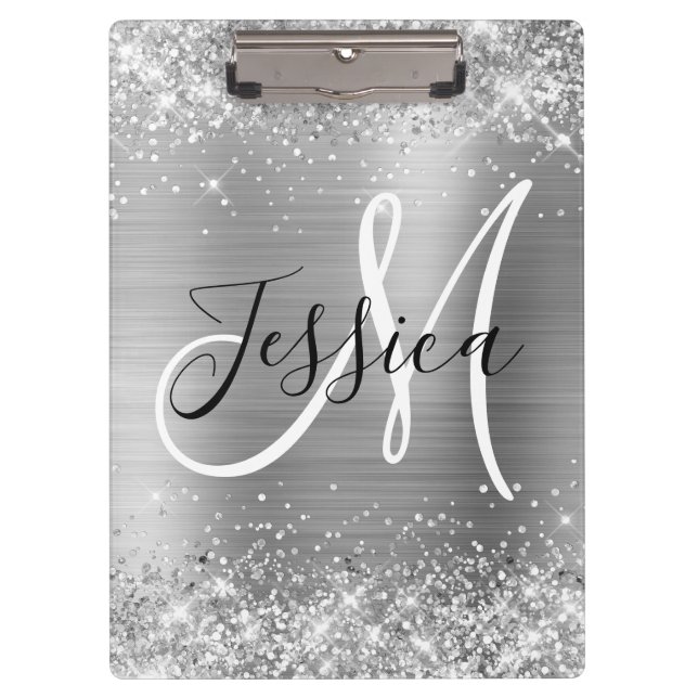 Glittery Silver Foil Black and White Monogram Klemmbrett (Vorderseite)