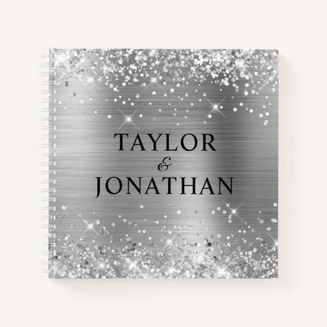 Glittery Silver Foil Bride & Groom Wedding Guest Notizbuch (Vorderseite)