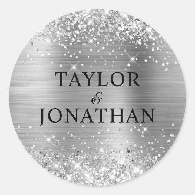 Glittery Silver Foil Bride & Groom Wedding Runder Aufkleber (Vorderseite)