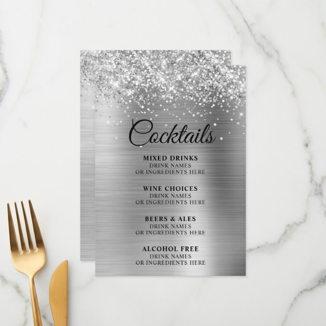 Glittery Silver Foil Cocktails Bar Menükarte (Vorderseite/Rückseite Beispiel)
