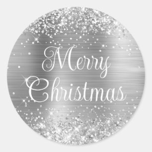 Glittery Silver Foil Curly Frohe Weihnachten Runder Aufkleber