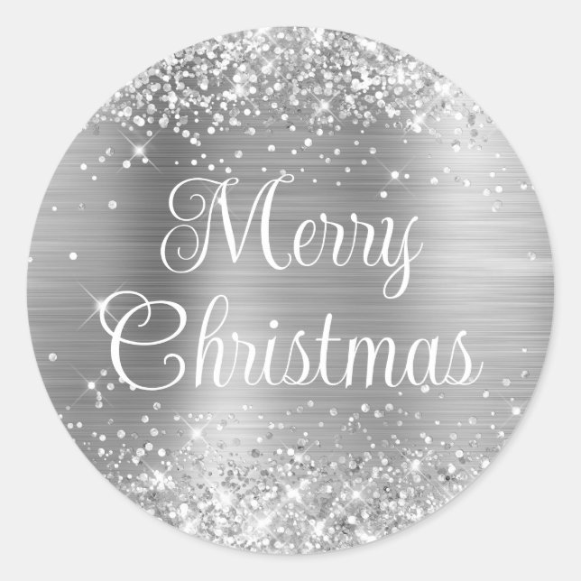 Glittery Silver Foil Curly Merry Christmas Runder Aufkleber (Vorderseite)
