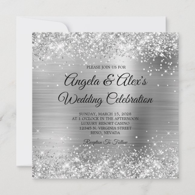 Glittery Silver Foil Elegante Wedding Einladung (Vorderseite)