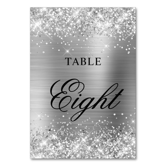 Glittery Silver Foil Extravagant Classic Calligrap Tischnummer (Vorderseite)