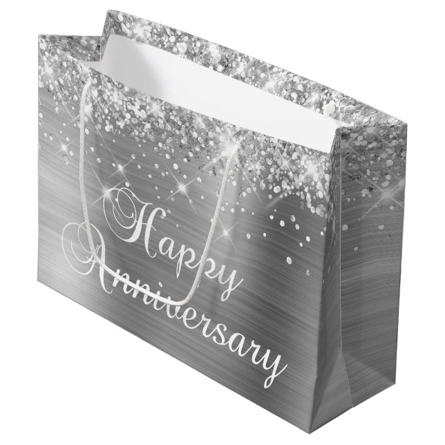 Glittery Silver Foil Extravagant Happy Jubiläum Große Geschenktüte (Vorderseite Schrägansicht)