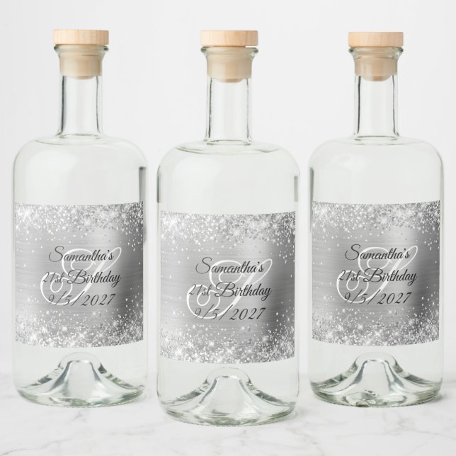 Glittery Silver Foil Extravagant Monogram 21. Gebu Alkoholflaschenetikett (Flaschen)