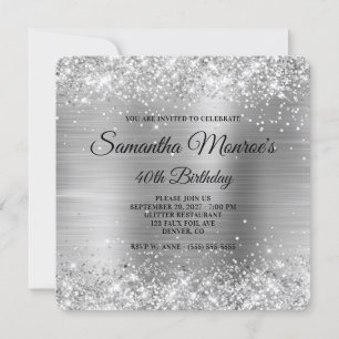 Glittery Silver Foil Extravagant Monogram 40. Gebu Einladung