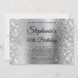 Glittery Silver Foil Extravagant Monogram 50. Gebu Einladung