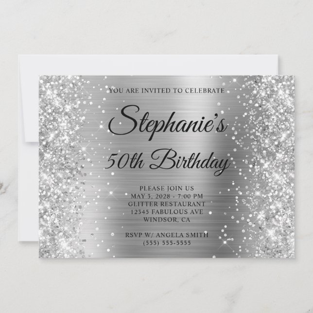Glittery Silver Foil Extravagant Monogram 50. Gebu Einladung (Vorderseite)