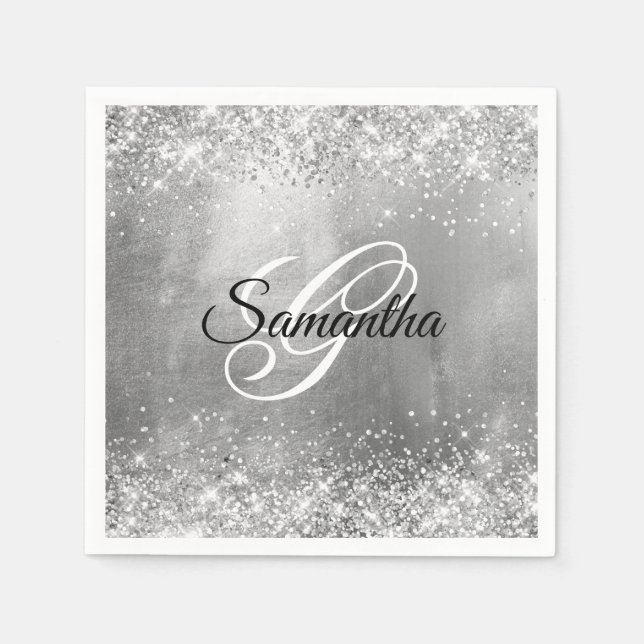 Glittery Silver Foil Extravagant Monogram Serviette (Vorderseite)