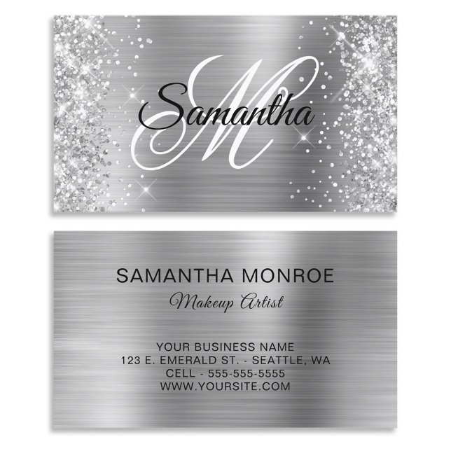 Glittery Silver Foil Extravagant Monogram Visitenkarte (Glittery Silver Foil Fancy Monogram Business Card)