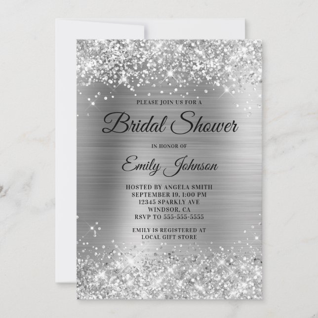 Glittery Silver Foil Extravagant Script Brautparty Einladung (Vorderseite)