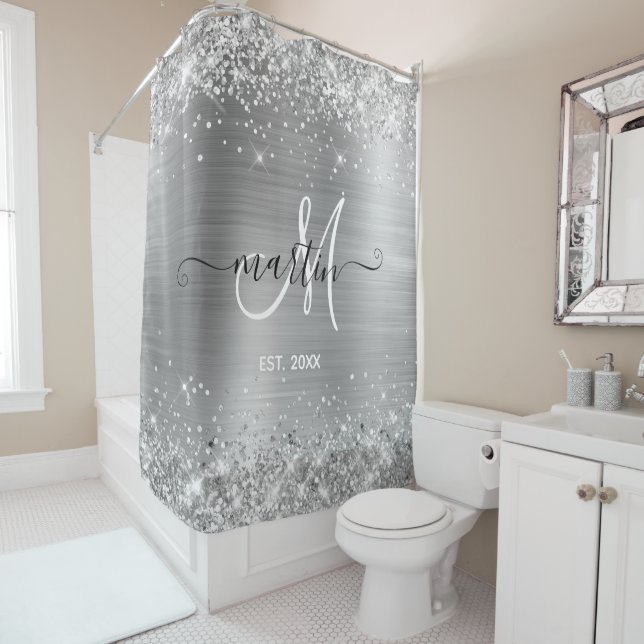 Glittery Silver Foil Family Monogram Duschvorhang (Beispiel)