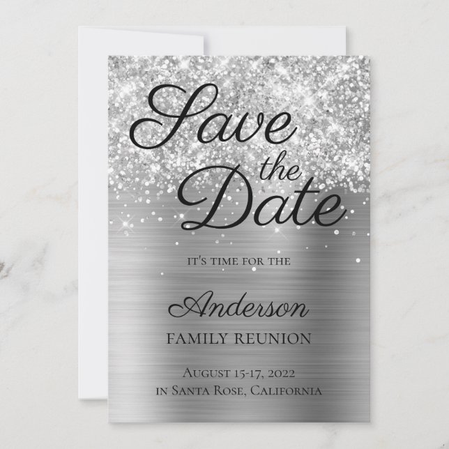 Glittery Silver Foil Family Wiedersehen Save The Date (Vorderseite)