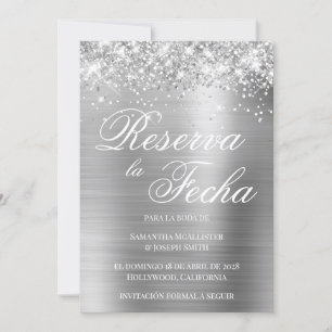 Glittery Silver Foil Foto Reserva La Fecha Einladung