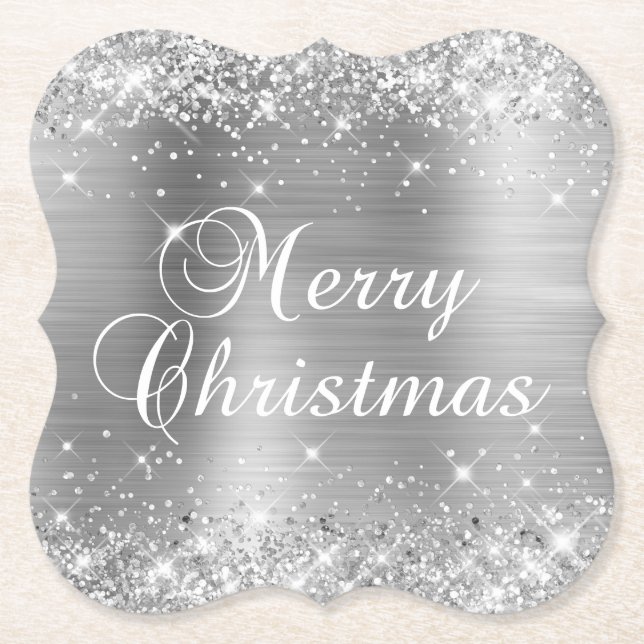 Glittery Silver Foil Frohe Weihnachten Untersetzer (Vorderseite)